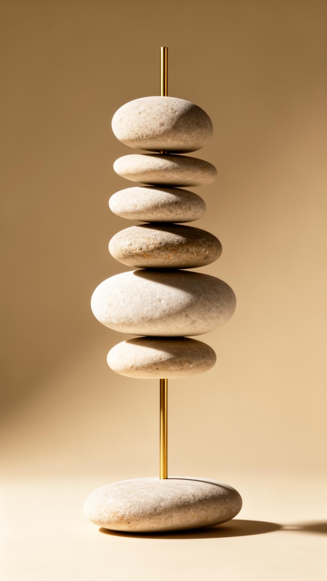 Sculptural balance — stones threaded on brass